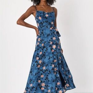 Dramatic Darling Blue Floral Print Cowl Faux Wrap Maxi Dress